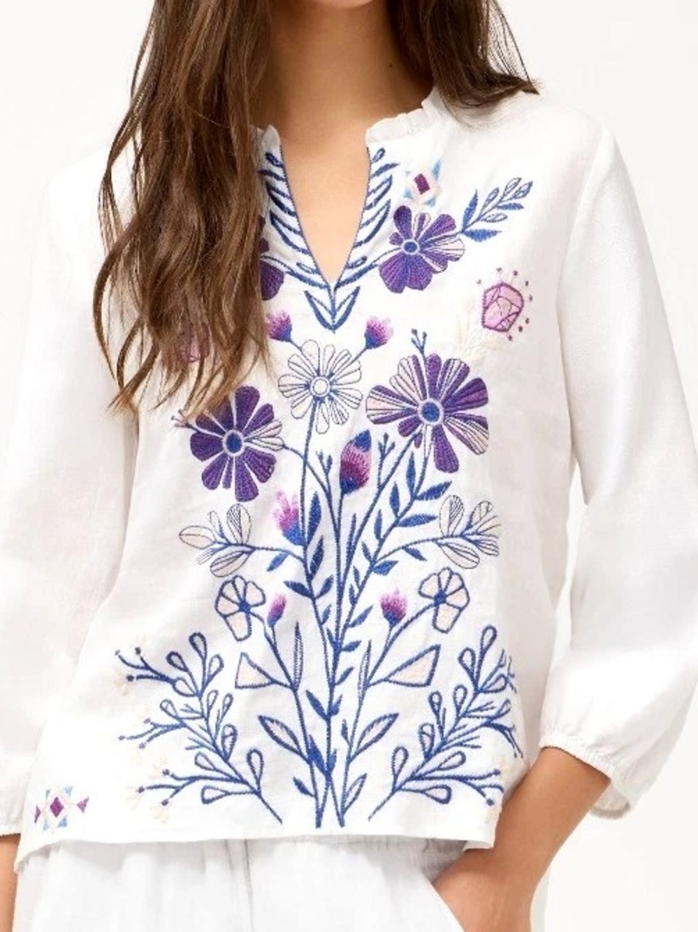 Johnny Was Adina Linen Embroidered Ruffle Field Blouse Size M